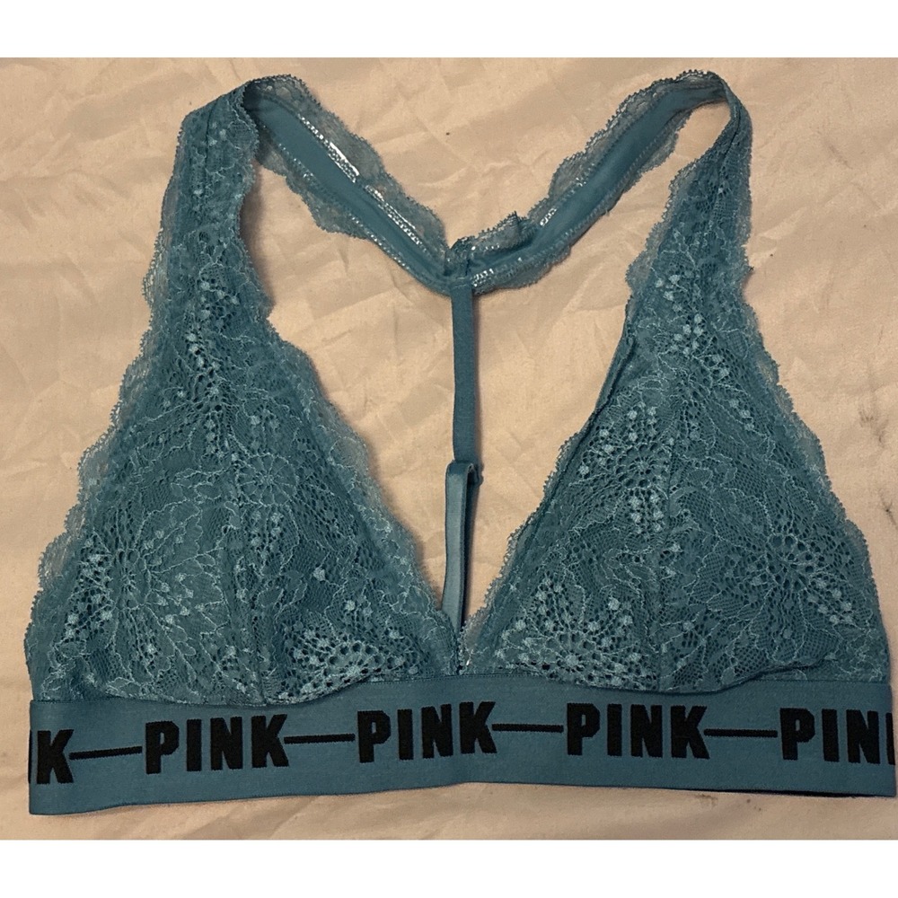 Victoria's Secret PINK Blue Green Lace Lightly Lined Logo Band‎ Bralette, Small